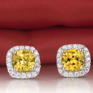 Cushion Cut Yellow Gemstone Halo Stud Earrings | Sterling Silver
